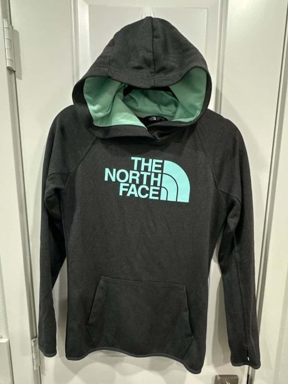 The North Face Women's Gray Heather / Light Blue Logo Hoodie Sweatshirt